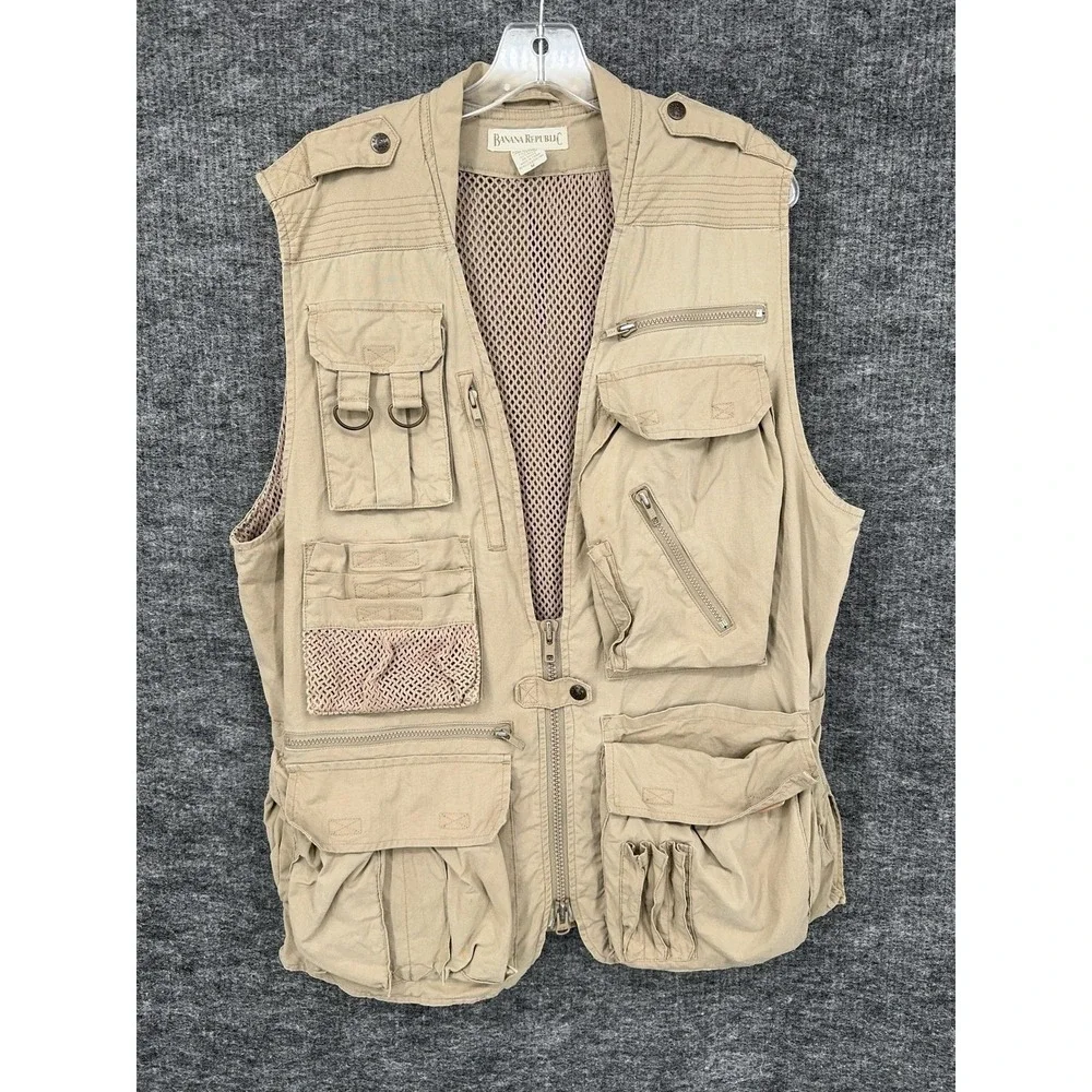 Banana Republic Vest Mens Medium Beige Utility Fishing Multi Pocket Outdoor